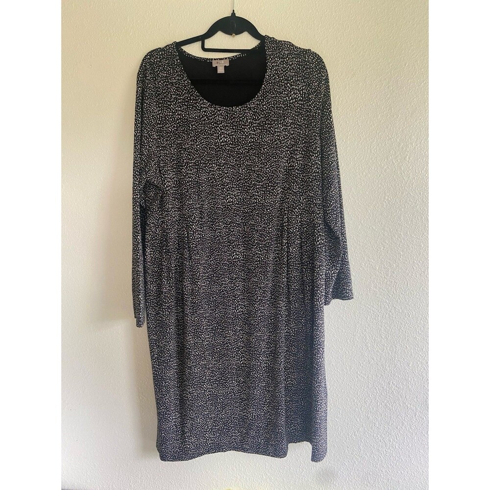 J.Jill Wearever Black Ivory Geometric Knit Shift Dress XL Long Sleeve Scoop Neck